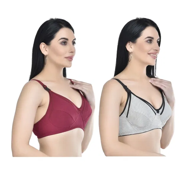 Cotton Blend Solid Non Padded Feeding Bras for Women (Multicolor, 38) (Pack of 2)