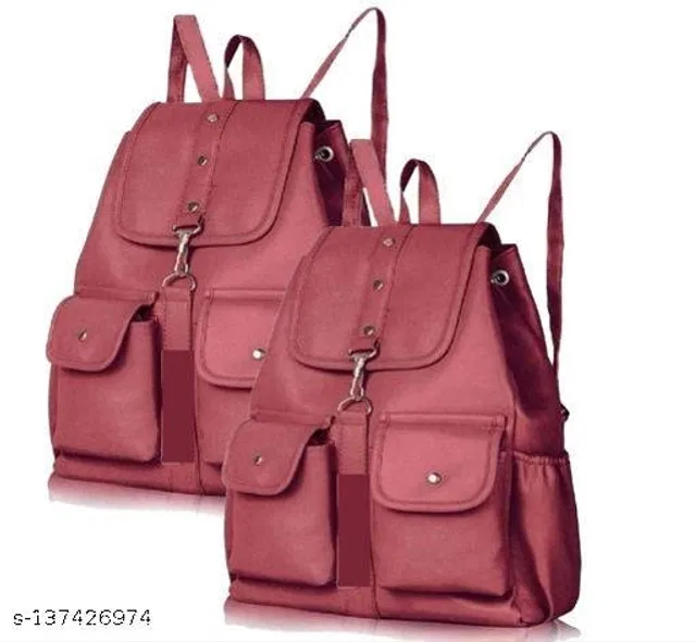 PU Backpack for Women (Maroon, Pack of 2)