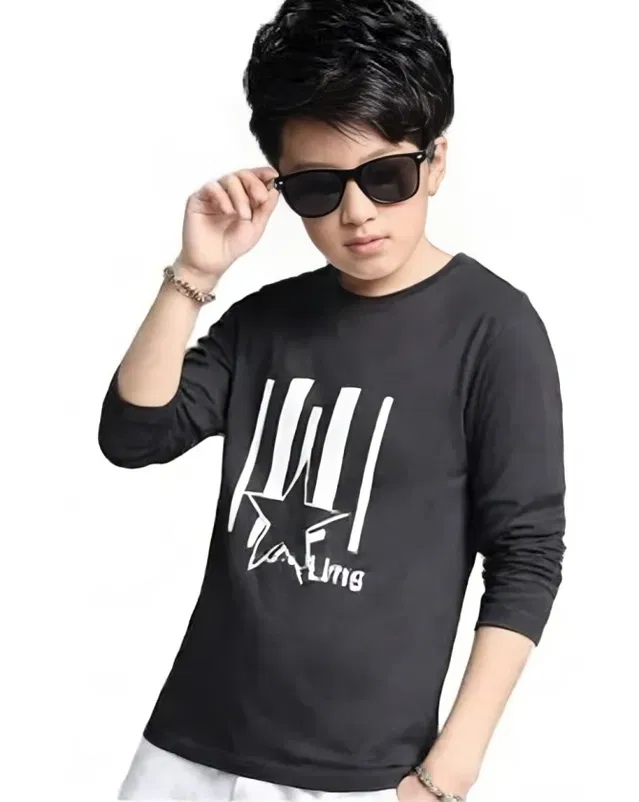 Round Neck Full Sleeves Printed T-Shirt for Boys (Black, 10-11 Years)