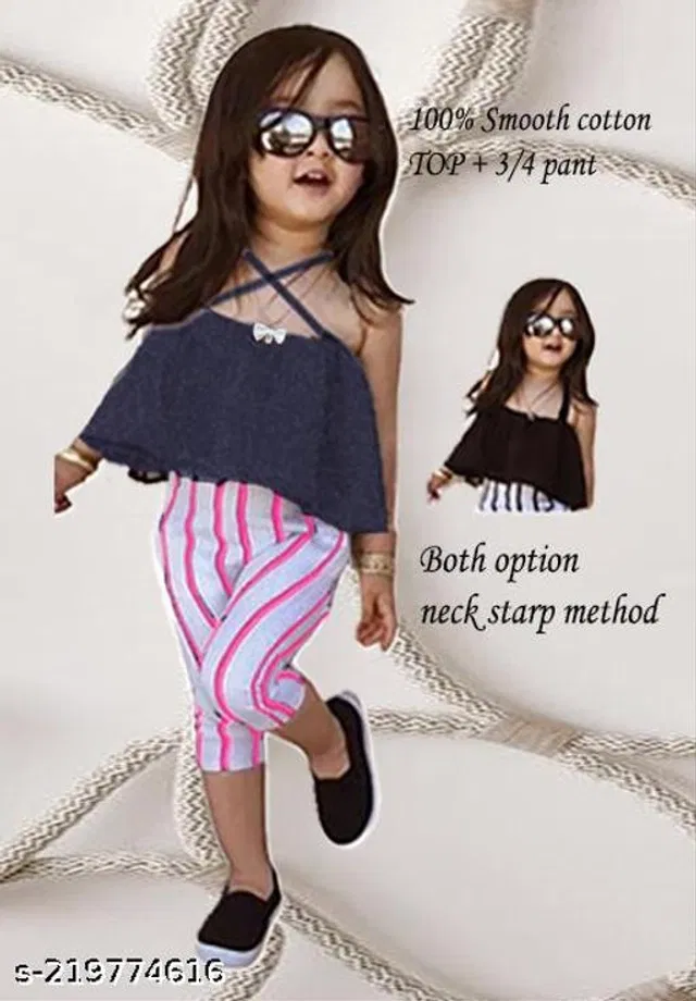Cotton Clothing Set for Girls (Navy Blue & White, 2-3 Years)