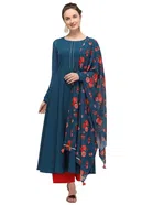 Crepe Solid Gown with Dupatta for Women (Blue, S)