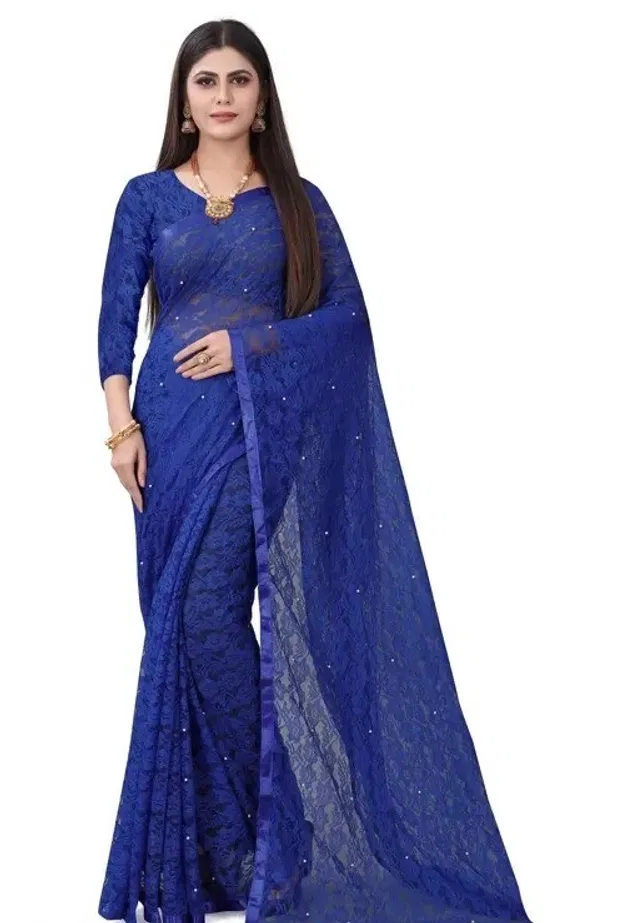 Net Solid Saree for Women (Royal Blue, 6.3 m)