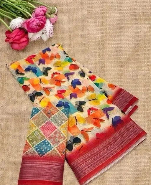Cotton Linen Printed Saree for Women (Multicolor, 6.3 m)