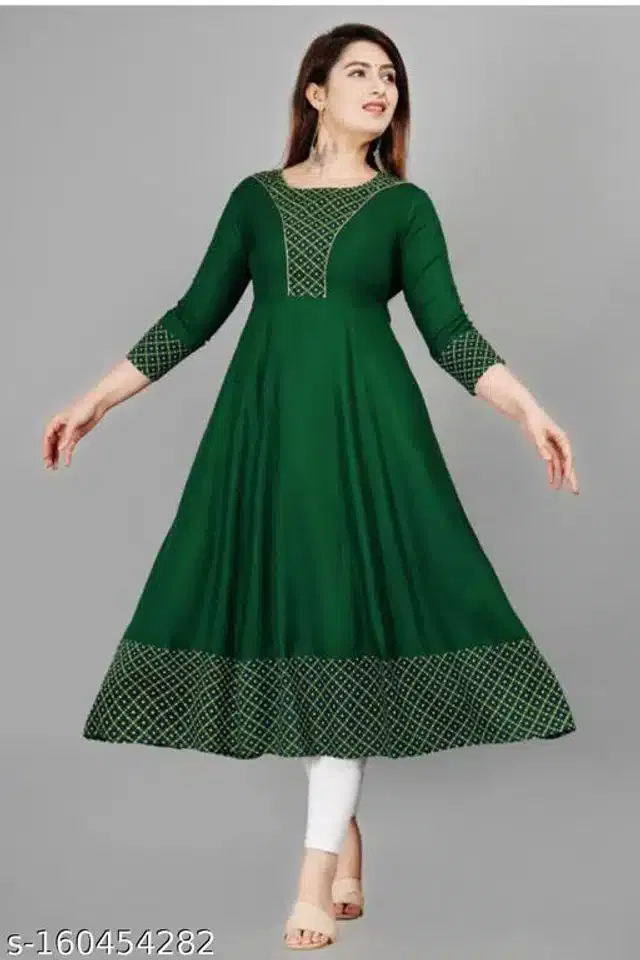 Anarkali Rayon Printed Kurti for Women (Green, M)