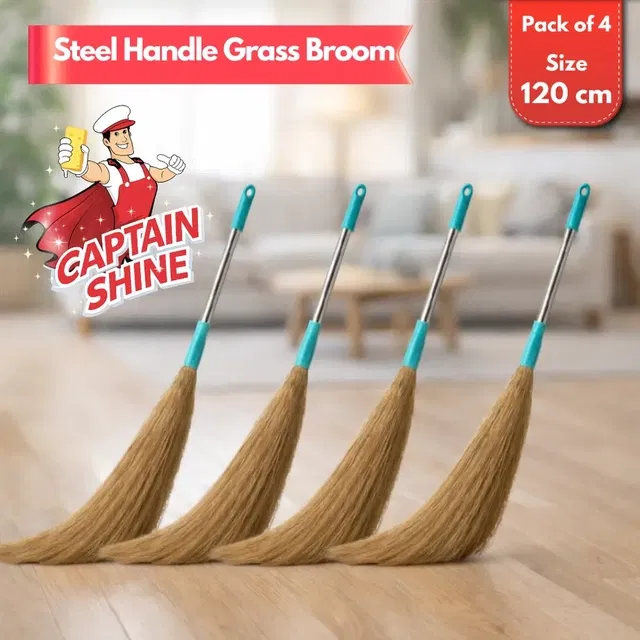 Captain Shine Grass Broom with Steel Handle, 4x360g [Net], 120cm (Pack of 4)