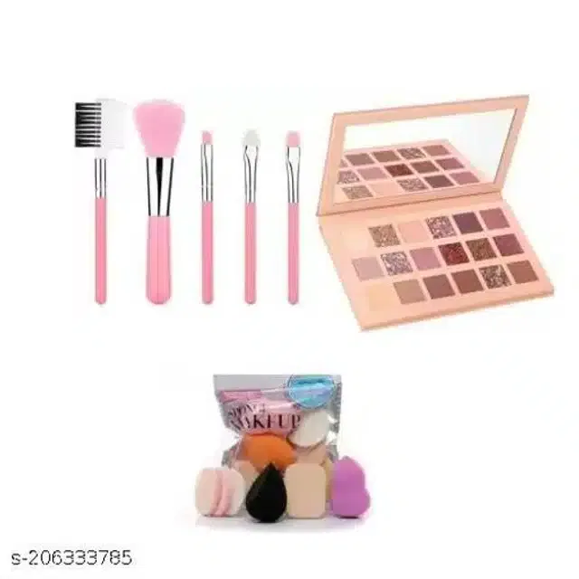 Eye Shadow & 5 Pcs Makeup Brushes Set with Makeup Blender Set (Set of 3)