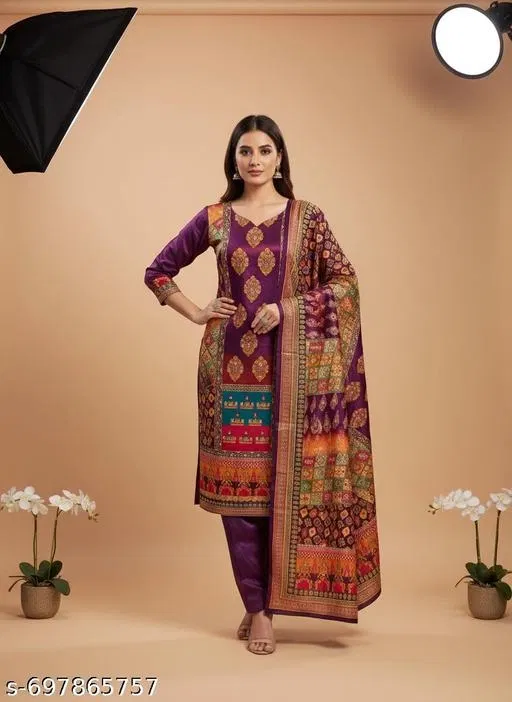 Bandhani Printed Jaipuri Designs Embroidered Top Bottom Duppata for Women (Purple, Un Stitched)