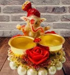 Metal Decorative Ganpati Haldi Kumkum Stand with 2 Roli Chawal Holder, Multicolor