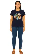 Cotton Blend Printed T-shirt for Women, Navy Blue 
