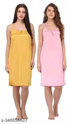 Satin Solid Nightdress for Women, Yellow & Pink, Pack of 2 