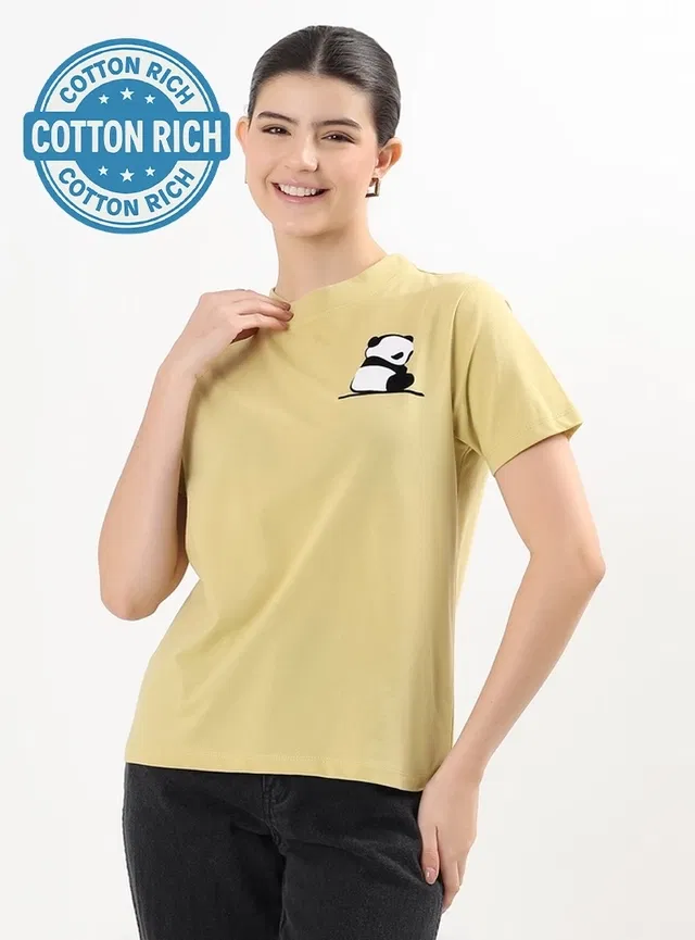 Round Neck Printed T-Shirt for Women (Yellow, L)