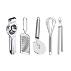 Oc9 Stainless Steel Lemon Squeezer & Cheese Grater & Pizza Cutter & Egg Whisk & Roti Chimta Kitchen Tool Set 
