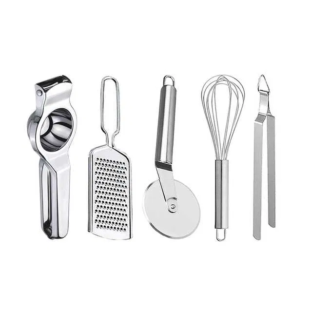 Oc9 Stainless Steel Lemon Squeezer & Cheese Grater & Pizza Cutter & Egg Whisk & Roti Chimta Kitchen Tool Set (O-92)