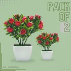 Plastic Bonsai Rose Plant with Pot (Multicolor, Set of 2)