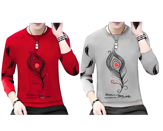 Round Neck Printed T-Shirt for Men (Grey & Red, S) (Pack of 2)