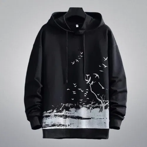 Fleece Printed Hoodie for Men (Black, XL)