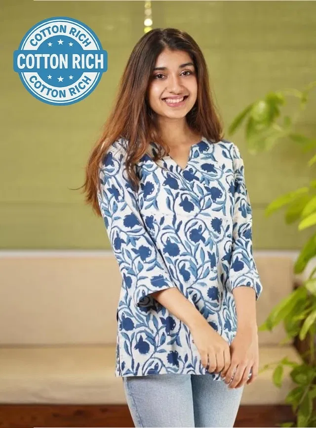 Cotton Floral Print Short Kurti for Women (Blue, L)