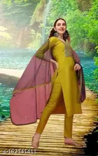 Cotton Blend Embroidered Kurta with Pant & Dupatta for Women 