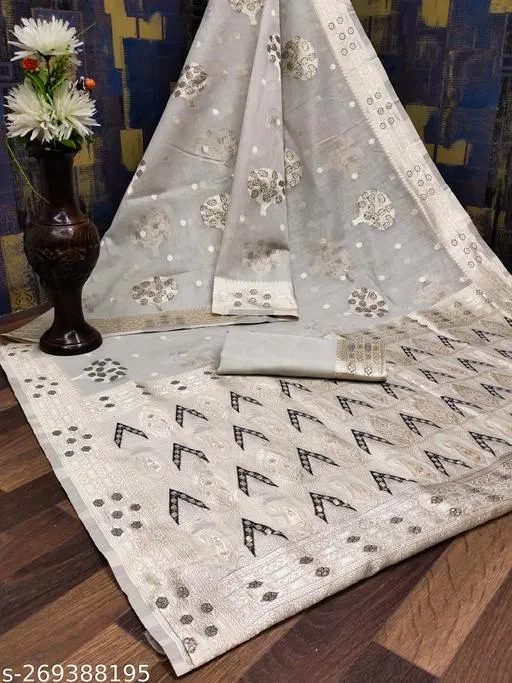 Cotton Linen Zari Woven Saree for Women (Grey, 6.3 m)
