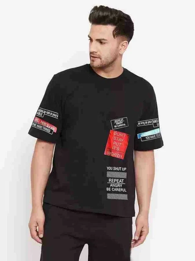 Round Printed T-shirts for Men (Black, L)