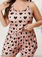 Cotton Blend Printed Night Suit for Women, Peach 
