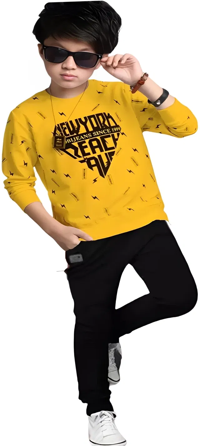Cotton Blend Clothing Set for Boys (Mustard & Black, 12-13 Years)