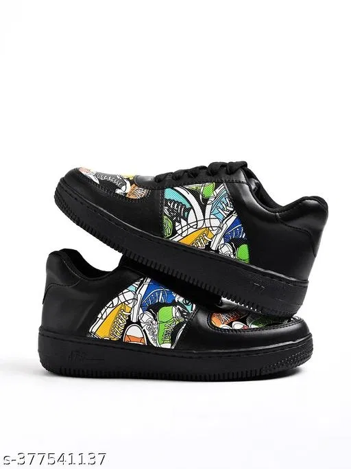 Printed Synthetic Sneakers for Girls (Black, 12-13 Years)