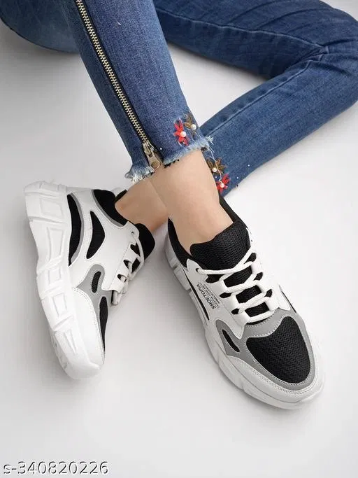 Solid Synthetic Sneakers for Women (Black, IND-7)