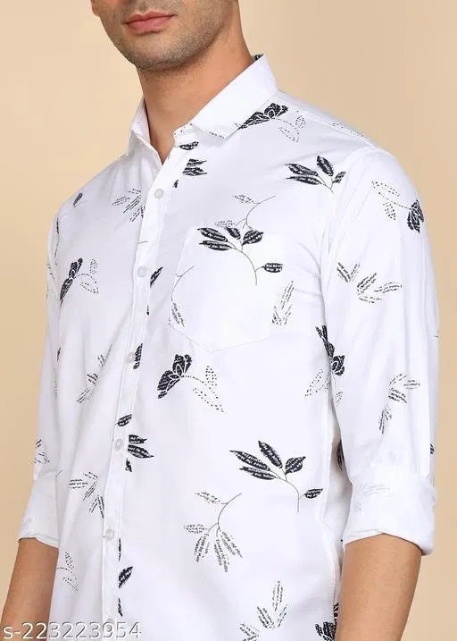 Cotton Blend Printed Shirt for Men, White (L)
