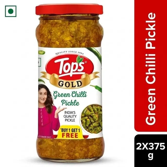 Tops Gold Green Chilli Pickle 2X375 g (Buy 1 Get 1 Free)