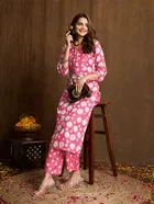 Cotton Blend Printed Kurta with Pant for Women (Pink, S)