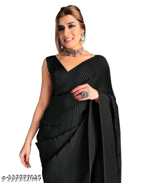 Crushed Satin Party Wear Saree for Women (Black)