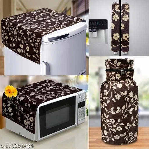 KANUSHI Industries® 1 Pc Fridge Covers / Refrigerator Cover + 1 Pc Microwave/Oven Cover Top + 1Pc Cylinder Cover + 2 Handle Cover (Color- Brown) (FRI+MICRO+CYL+2-HANDLE-BROWN-RAJ)