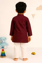 Dupion Silk Printed Kurta with Payjama for Boys, Wine & White 