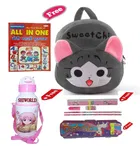 Combo of Kids Cartoon Bag Backpack, All In One Book, Water Bottle & Gift Set Geometry Set 