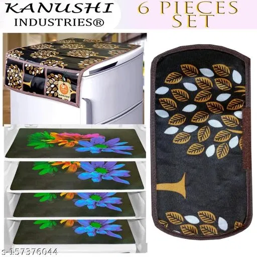 KANUSHI Industries® 1Pc Fridge Cover for Top with 6 Utility Pockets + 1 Handles Covers + 4 Fridge Mats (FRI-TREE-BROWN+1-HANDLE+M-24-04)
