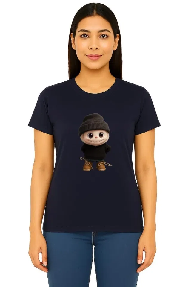 Cotton Blend Printed T-shirt for Women, Navy Blue (L)