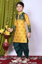 Dupion Silk Printed Kurta with Dhoti for Boys, Yellow & Green 