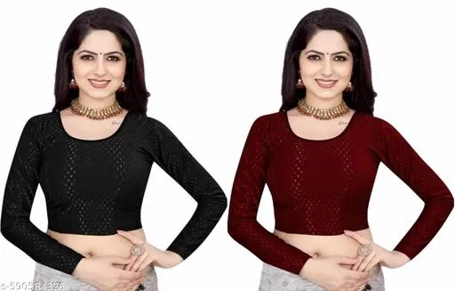 Lycra Ready Made Blouse for Women, Maroon & Black, Pack of 2 (34)