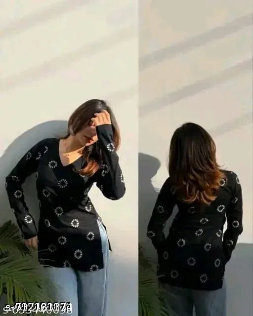 Rayon Printed Short Kurti for Women, Black (XL)