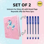 Unicorn Fur Diary A5 with Ruled Page Approx 180 and Reynolds Jiffy Gel Pens 5pcs 