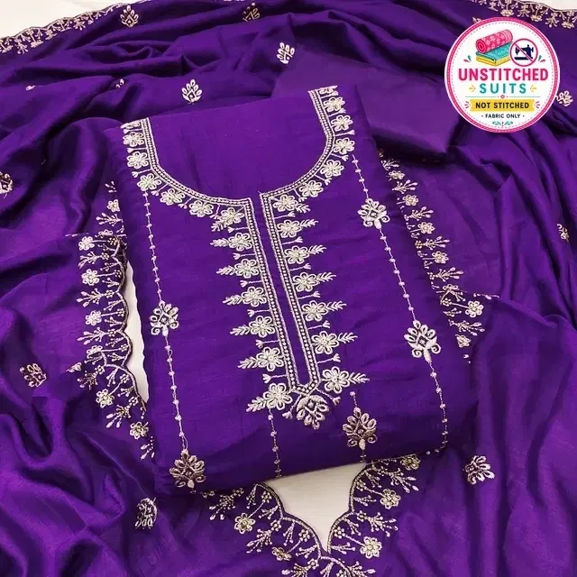 Vichitra Silk Embroidered Unstitched Suit Fabric, Purple