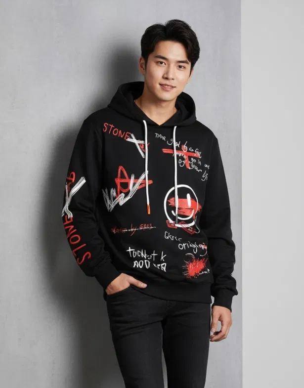 Fleece Printed Hoodie for Men, Black (M)