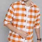 Checkered Casual Polycotton Shirt for Mens ,Orange & White 