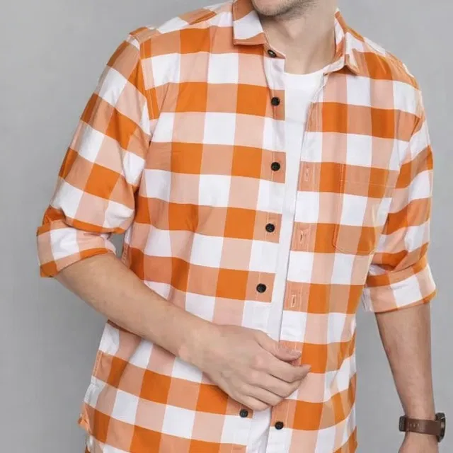 Checkered Casual Polycotton Shirt for Mens ,Orange & White (XL)