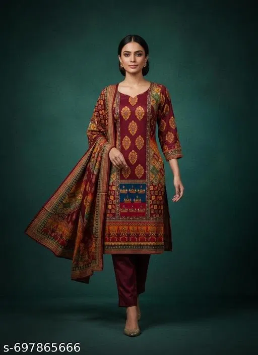 Bandhani Printed Jaipuri Designs Embroidered Top Bottom Duppata for Women (Maroon, Un Stitched)