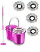 Plastic Spin Bucket Mop with 4 Refill (Pink, Set of 1)