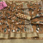 Linen Printed Saree for Women, Brown 