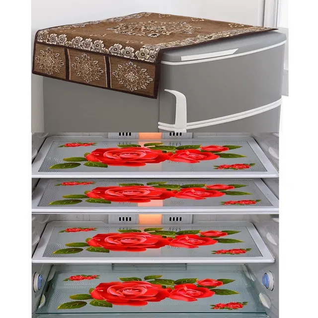 PVC Waterproof Fridge Top Cover with 4 Pcs Shelf Mats (Multicolor, Set of 1)
