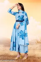 Crepe Printed Gown with Dupatta for Women (Aqua Blue, S)